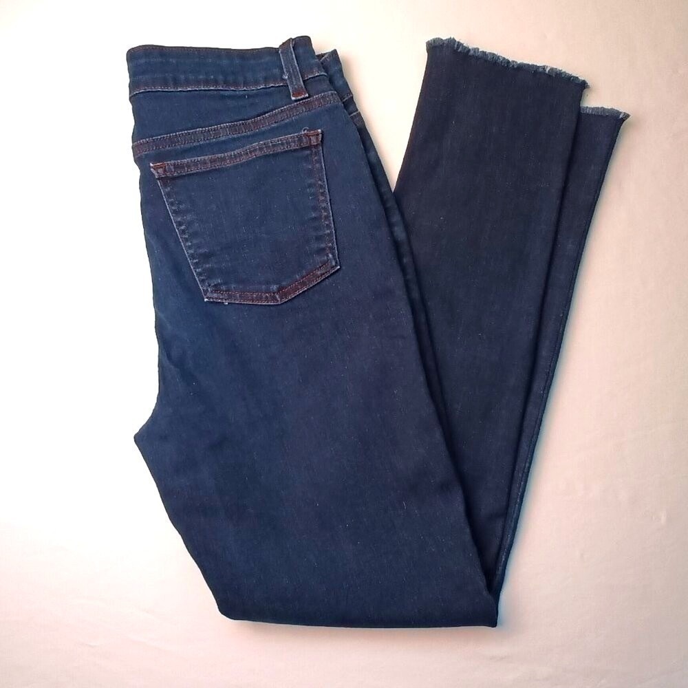 Eileen Fisher Womens Slim Straight Raw Hem Jeans Size 2 Dark Wash Indigo Stretch